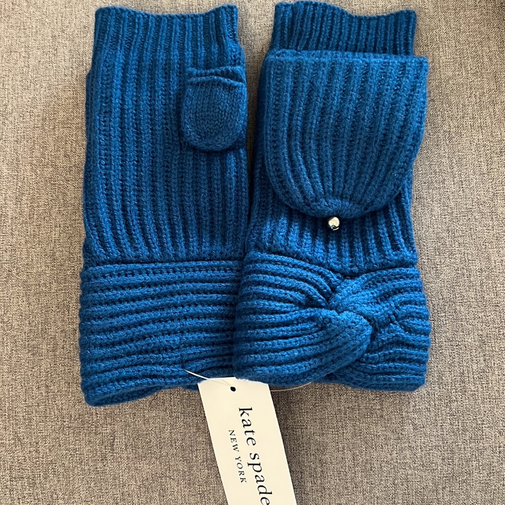 NWT Kate Spade Bow Pop Top Fingerless Wool Blend Gloves Mittens Underwater Blue